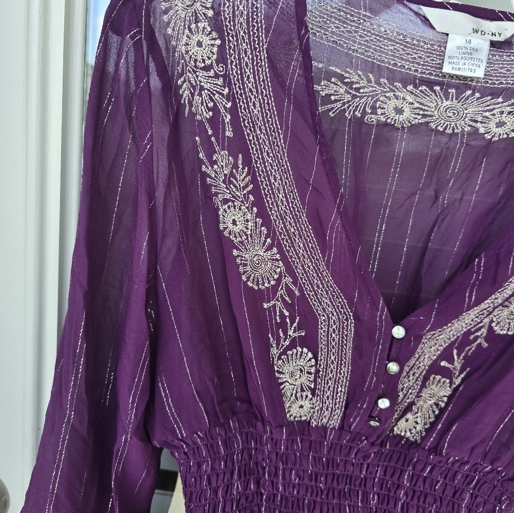 WD.NY 100% Silk Blouse Size 14 Purple Whilte Embroidered Flare Long Sleeves Y2k - Picture 7 of 14